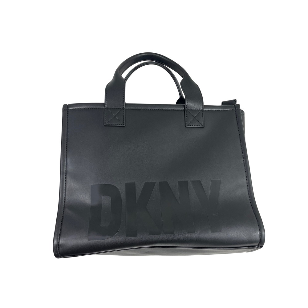 DKNY Black Vegan Leather Hadlee Tote Bag Embossed‎ Logo Top Handles Zip Closure